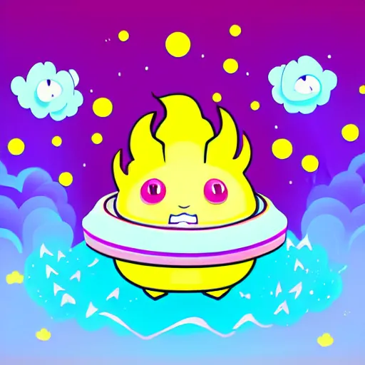 Image similar to kawaii wacky fluffy popcorn with lightning bolt power, yokai, in the style of a mamashiba, with a yellow beak, with a toroidal energy field, with a smiling face and flames for hair, sitting on a lotus flower, white background, simple, clean composition, symmetrical, suitable for use as a logo