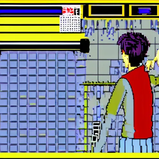 Prompt: Tilda Swinton as a techno DJ in a PC-98 game, 16-bit, visual novel, anime, cyberpunk