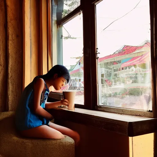 Image similar to a thin, pretty young Filipino girl sits in the window of a cute seaside Cafe with an espresso, golden morning light, cozy, incredible studio Ghibli style composition, award winning