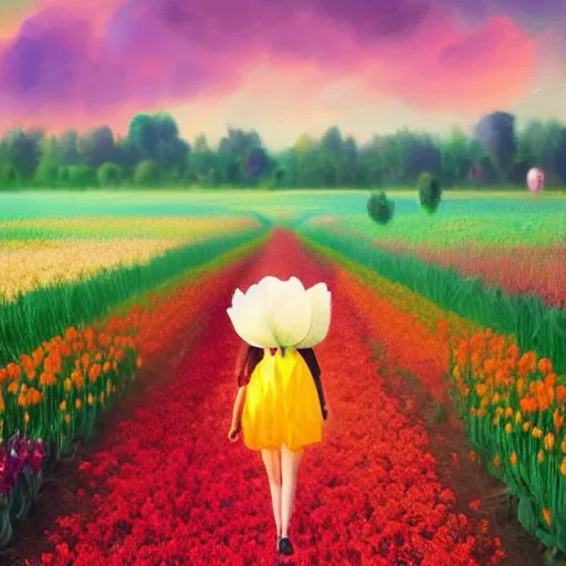 Image similar to large tulip head, girl walking in a flower field, surreal photography, sunrise dramatic light, impressionist painting, colorful clouds, digital painting, artstation, simon stalenhag, flower face