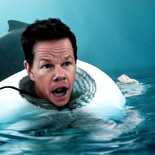 Image similar to mark wahlberg in a shark costume diving under water during shark week.