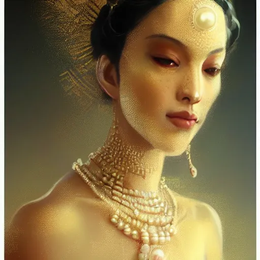 Image similar to a beautiful portrait of a pearl goddess with glittering skin by greg rutkowski and raymond swanland, trending on artstation, ultra realistic digital art