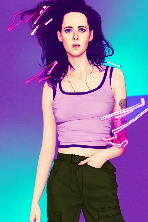 Prompt: a award winning half body portrait of a beautiful kristen ritter in a croptop and cargo pants with ombre purple pink teal hairstyle and hands in pockets by ari liloan, surrounded by whirling illuminated lines, outrun, vaporware, shaded flat illustration, digital art, trending on artstation, highly detailed, fine detail, intricate