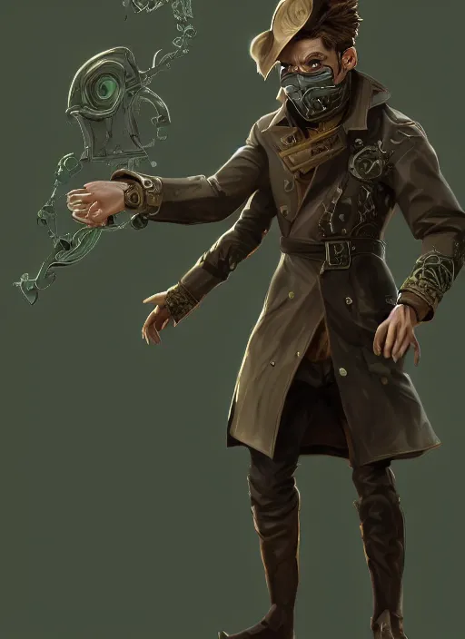 Prompt: a highly detailed illustration of thick wavy brown haired young white guy wearing brown detective trench coat and wearing dark green mask, with long mechanical arms on his back, dramatic standing pose, intricate, elegant, highly detailed, centered, digital painting, artstation, concept art, smooth, sharp focus, league of legends concept art, WLOP