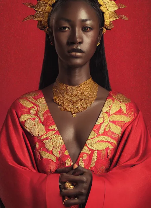 Prompt: portrait of attractive dark - skinned tanzanian woman wearing regal japanese ceremonial attire, red dress, intricate details, ultra - realistic, studio lighting, contrasting background, editorial photography by alex james, art study by greg rutkowski