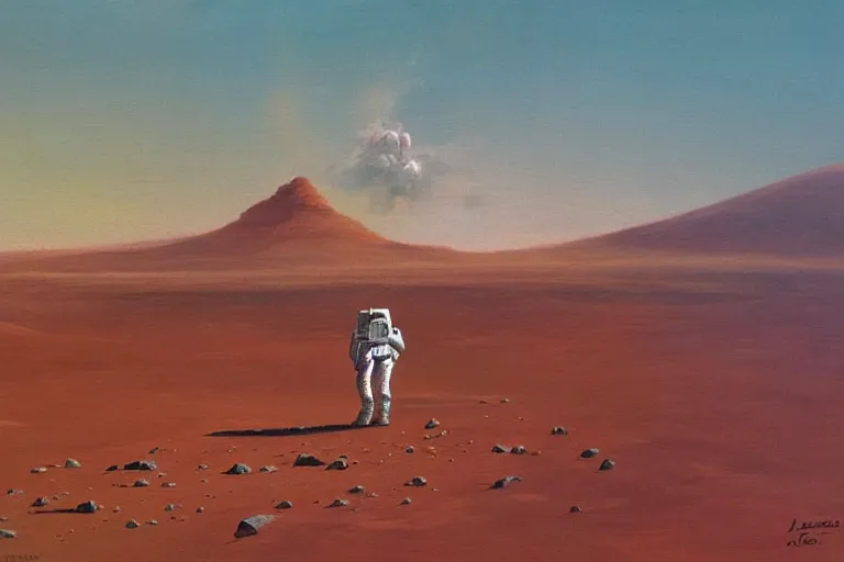 Image similar to painting in the style of John Harris of a female astronaut taking the first steps on mars, landed spaceship in background