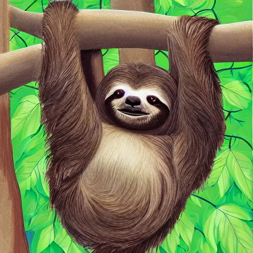 Image similar to digital painting of an energetic young sloth with big eyes swinging on a vine