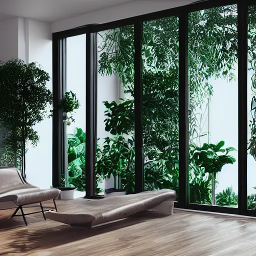 Image similar to a modern indoor room, clean architecture, some plants, peaceful, 8K octane render