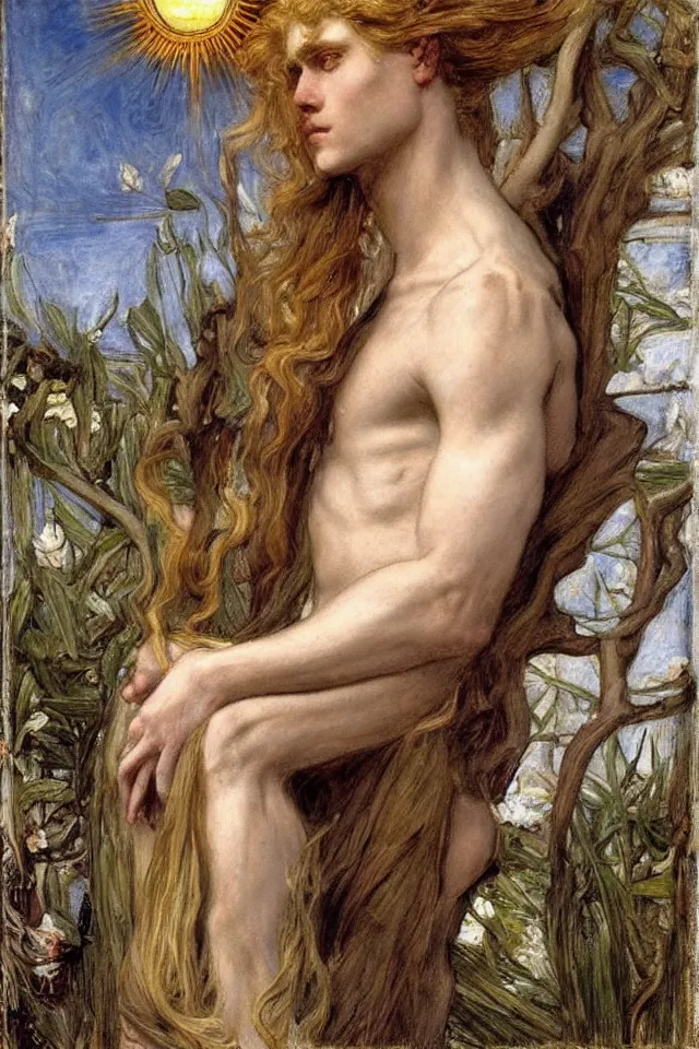 Image similar to beautiful blond androgynous prince Lucius depicted as Apollo the Sun God by john william waterhouse, preraphaelite style, long fluffy blond curly hair, pale porcelain white skin, detailed, defined, chiaroscuro