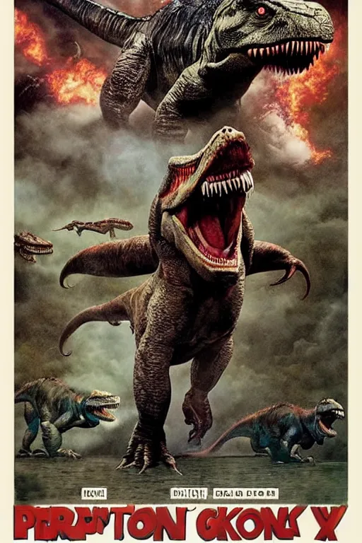 Prompt: movie Poster by drew struzan, Tom cruise vs carnivore dinosaur, raptor, Tyrannosarus Rex, from kong skull Island (2017), from jurassic World (2015), from pacific rim (2013) from King kong (2005), trex from godzilla (2014), from guardians of the galaxy, from transformers, cgsociety, ArtStation, by Frank frazetta, by drew struzan, alosaurus, spinosaurus, velociraptor