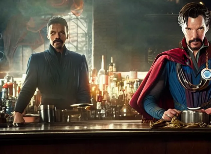 Image similar to film still of Doctor Strange working as a bartender in the new Avengers movie, 4k