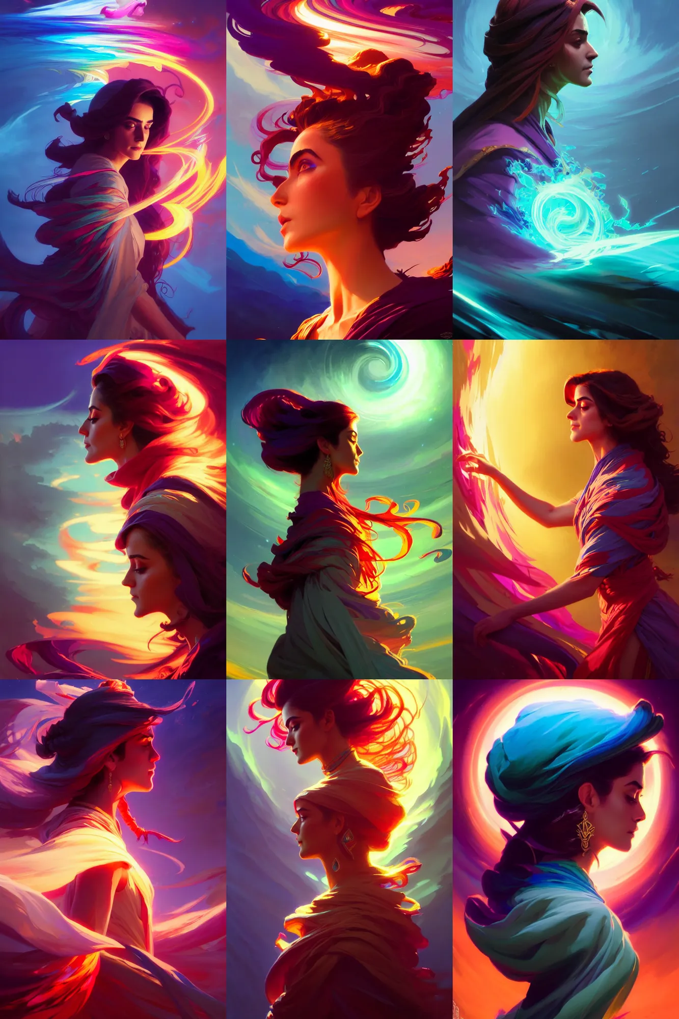 Prompt: side profile, maya ali, wind sorcerer, dota, robes, elegant, concept art, smooth, bright cinematic backlit, colorful psychedelic swirly magic ripples, gaudy bold colors, by greg rutkowski, jesper ejsing, ilya kuvshinov, artgerm, mucha