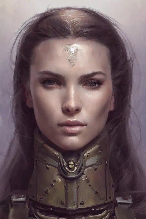 Image similar to a professionally painted portrait of an attractive young woman, clothed in military armor, olive skin, long dark hair, beautiful bone structure, symmetrical facial features, intricate, elegant, digital painting, trending on Artstation, concept art, smooth, sharp focus, illustration, from Metal Gear by Ruan Jia and Mandy Jurgens and Artgerm and William-Adolphe Bouguerea, award winning