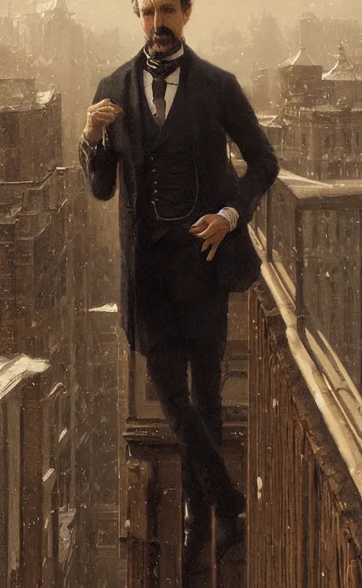 Prompt: Portrait of a victorian gentleman standing on a balcony, male, detailed face, 19th century, highly detailed, cinematic lighting, digital art painting by greg rutkowski