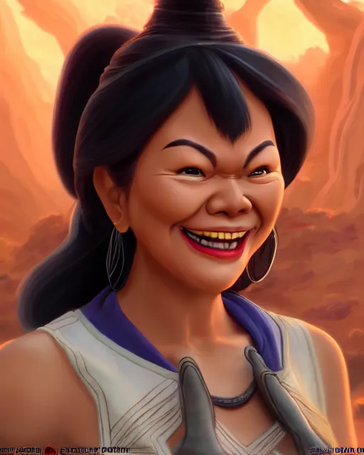 Prompt: grinning heavy filipina woman character portrait, by don bluth, sci - fi environment, highly detailed, dynamic shadows, 4 k, wallpaper - 1 0 2 4