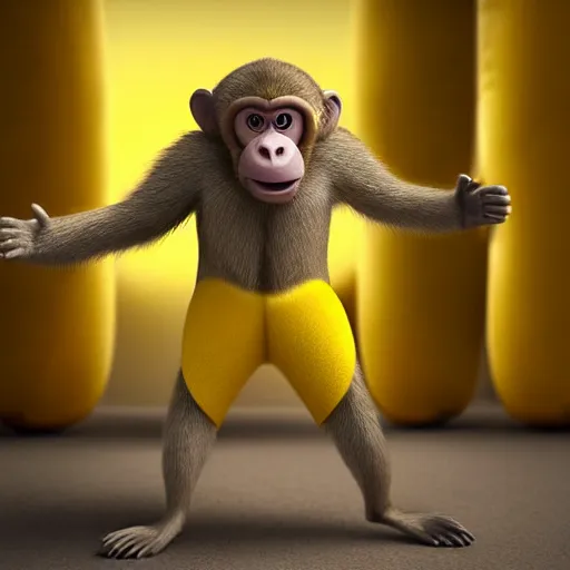 Image similar to digital art of a monkey in a banana costume, 8 k render, octane render, saturated