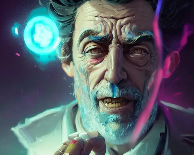 Image similar to fantasy portrait of rick sanchez, intricate abstract. intricate artwork, by greg rutkowski, wlop, beeple, dan mumford. concept art, octane render, trending on artstation, greg rutkowski very coherent symmetrical artwork. cinematic, key art, hyper realism, high detail, octane render, 8 k, iridescent accents