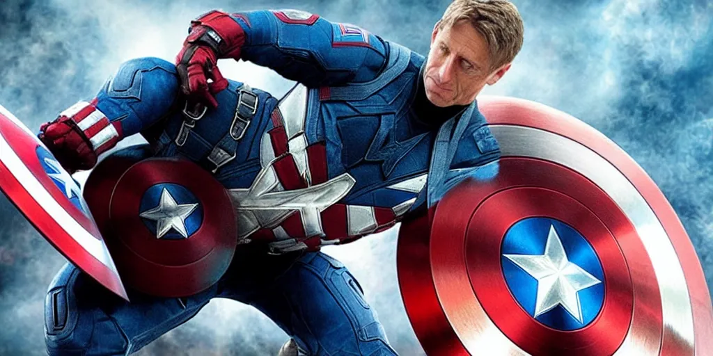 Prompt: “A still of Tony Hawk as Captain America in Marvel’s Avengers, high definition”