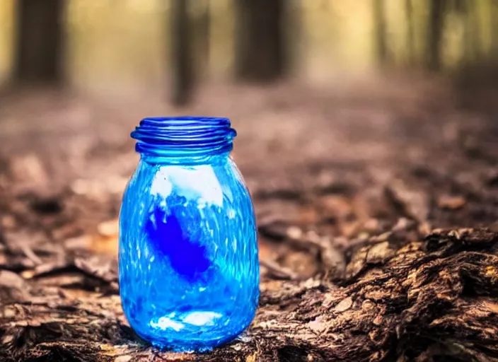 Prompt: close up photo of a glass jar with a magic blue fire burning inside. standing in the forest. Fantasy magic style. Highly detailed 8k. Intricate.