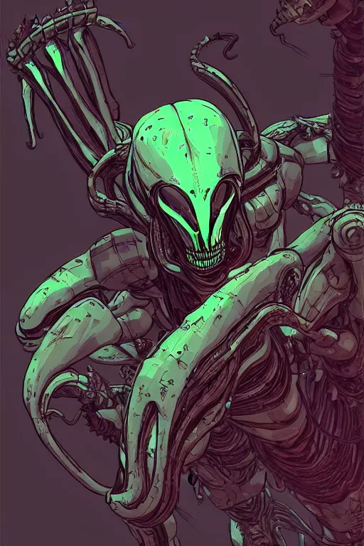 Prompt: a study of cell shaded portrait of a Xenomorph mech as Borderlands 3 concept art, llustration, post grunge, concept art by josan gonzales and wlop, by james jean, Victo ngai, David Rubín, Mike Mignola, Laurie Greasley, highly detailed, sharp focus, alien, Trending on Artstation, HQ, deviantart, art by artgem