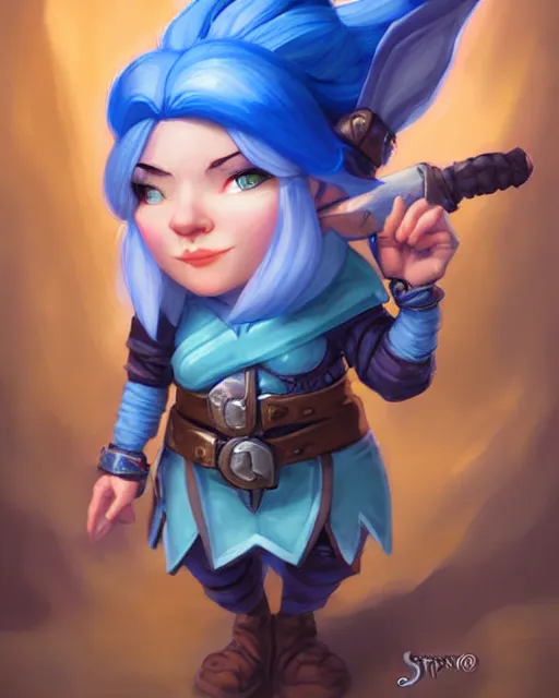 Image similar to female gnome artificer with blue hair, young adult, pretty, beautiful, dnd character art portrait, matte fantasy painting, deviantart artstation, by jason felix by steve argyle by tyler jacobson by peter mohrbacher, cinema