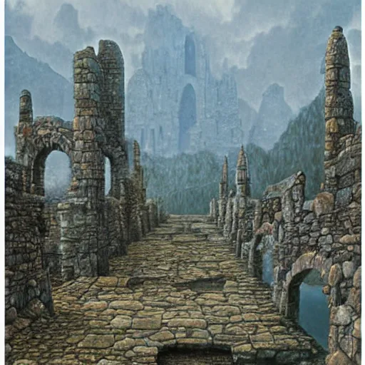 Image similar to ruined stone city in a lake. misty weather. painting by Ted Nasmith and Larry Elmore.