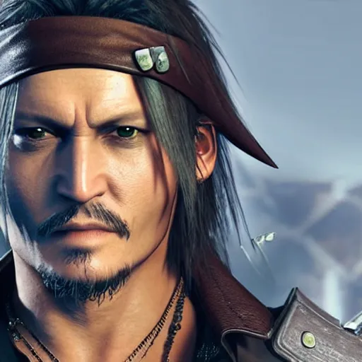 Image similar to johnny depp in final fantasy vii remake, character render, full body shot, highly detailed, in game render