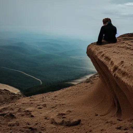 Image similar to man sitting on top peak mountain cliff looking at huge sand tornado