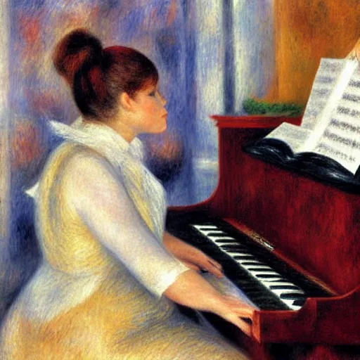 Prompt: blonde girl sits at the piano while her cat lays on the piano keys, painting by renoir