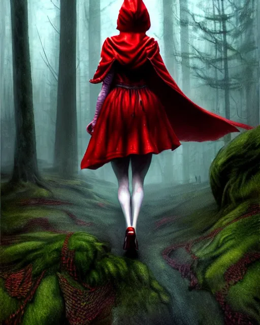 Image similar to hyperrealistic mixed media painting of Emma Stone as little red riding hood, dark foggy forest background, stunning 3d render inspired art by P. Craig Russell and Barry Windsor-Smith + perfect facial symmetry + dim volumetric lighting, 8k octane beautifully detailed render, post-processing, extremely hyperdetailed, intricate, epic composition, grim yet sparkling atmosphere, cinematic lighting + masterpiece, trending on artstation, very very detailed, masterpiece, stunning