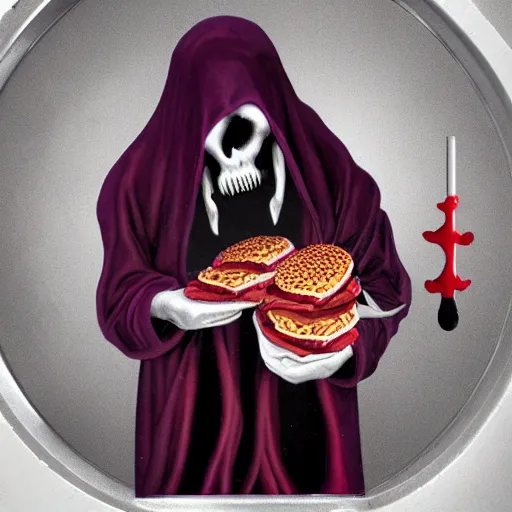 Prompt: grimace reaper, blood and nuggets fast food death metal album cover