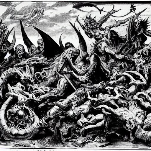 Prompt: an epic scene of blasphemy and abominations, black and white, demons, skulls, death, corpse, devils, unholy,