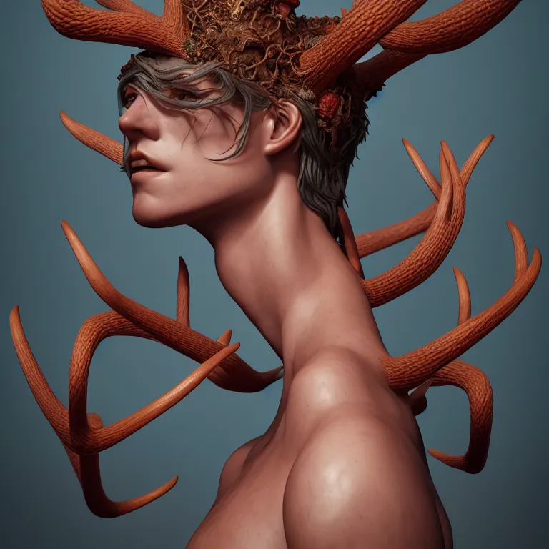 Image similar to portrait ms with ribbed body, covered with twisted ribbed crooked antlers, baroque portrait by rutkowsky and charles vess and james jean and erik jones and rhads, 3 d octane render, beautiful fine face features, intricate high details, sharp, ultradetailed, artistic photography