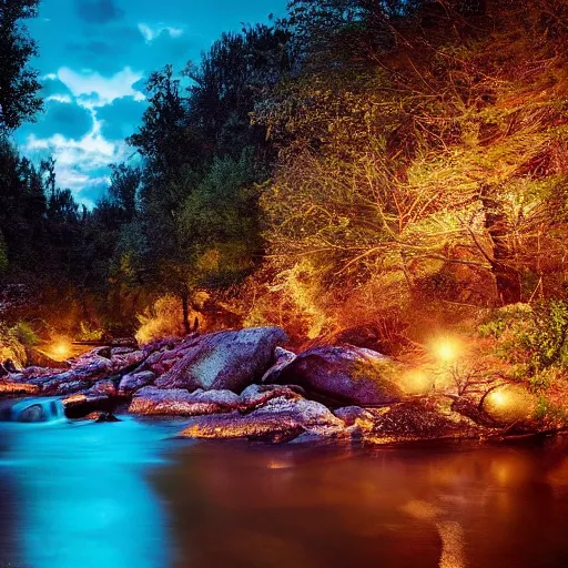 Image similar to a beautiful landscape, river, rocks, trees, iridescent lights