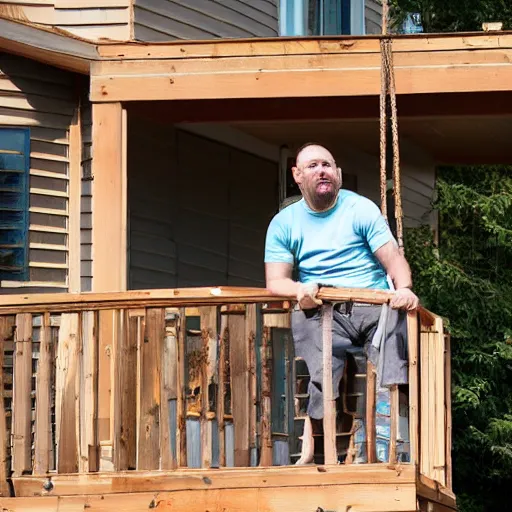 Image similar to a photograph of an ordinary man hanging out on his deck, looking scared to be