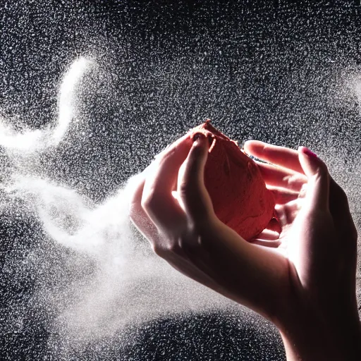 Image similar to a photo of two hands manipulating a smooth dough floating and spinning in the air, black background, flour dust spray, backlit, high quality action photography, studio photo, 50mm