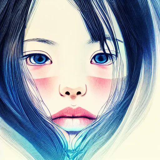 Prompt: daydreaming Nanase Nishino close-up portrait looking straight on, complex artistic color ink pen sketch illustration, full detail, gentle shadowing, fully immersive reflections and particle effects, chromatic aberration.