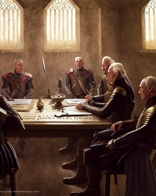 Prompt: middle ages, tywin lannister discusses war strategy with his military advisors, council chambers, game of thrones | | realistic shaded, fine details, realistic shaded lighting painting by greg rutkowski, diego gisbert llorens, magali villeneuve, artgerm, jeremy lipkin, michael garmash, rob rey