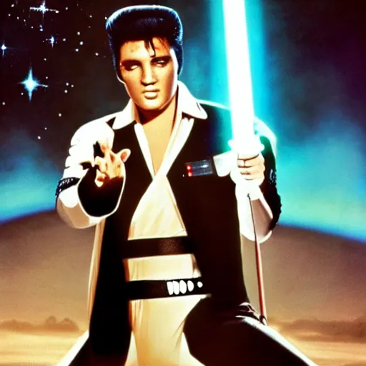 Image similar to elvis presley as a jedi in star wars, 1979 movie screen shot, epic lighting