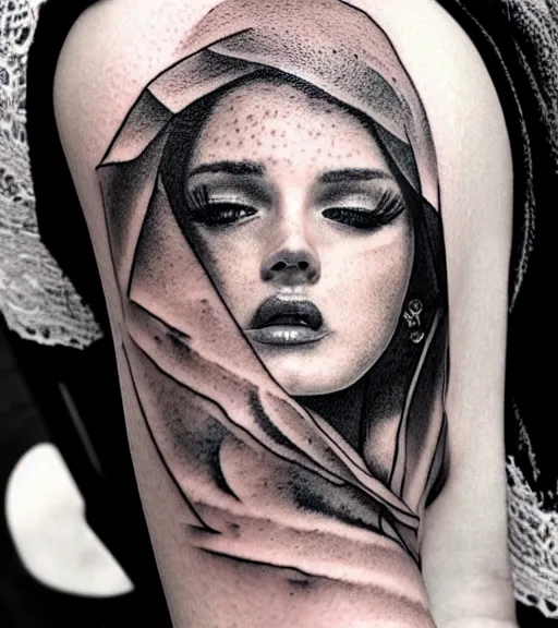 Prompt: tattoo design sketch of a beautiful girl with a faded mountain background, in the style of den yakovlev, black and white, realism tattoo, hyper realistic, highly detailed