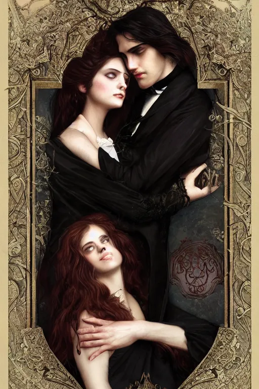 Prompt: romance Bookcover, a portrait of handsome young male vampire with long hair and his elegant beautiful dark bohemian wife, bored, illustration, dramatic lighting, soft details, painting oil on canvas, art nouveau, octane render, HDR, 4k, 8k, HD, by Edmund Blair Leighton, Brom, Charlie Bowater, trending on artstation, faces by Tom Bagshaw, Sargent