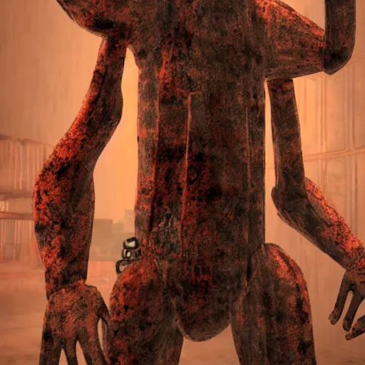 Prompt: a giant doll monster covered in rust, silent hill 3