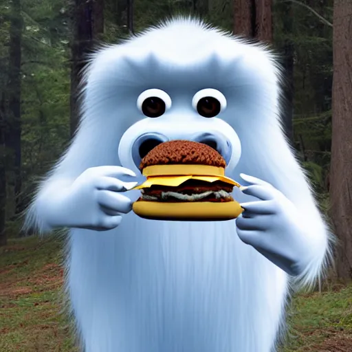 Image similar to anthropomorphic 3D yeti eating cheeseburger in forest