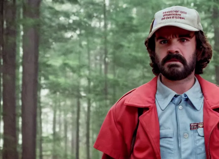 Image similar to film still of jim hopper as mike wheeler in stranger things, 8 k