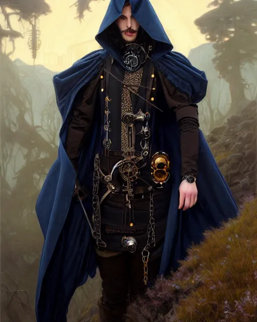 Image similar to handsome male using a mechanical steampunk device, long black hair blue eyes wearing cloth mantle gothic navy cloak with leather details, cliffside town, fantasy character portrait, ultrarealistic, intricate details, elegant, cinematic lighting, highly detailed, artstation, cgsociety, sharp focus, beautiful digital painting by artgerm, gerald brom, wlop, alphonse mucha