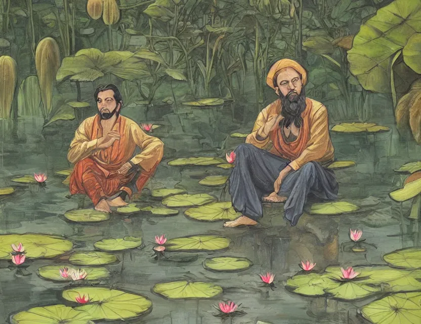 Image similar to fully clothed bard sitting next to the the lotus pond. this heavily stylized oil painting by the award - winning comic artist has interesting color contrasts, plenty of details and impeccable lighting.