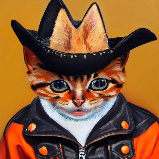 Prompt: a portrait of an orange kitten wearing a cowboy hat and a black leather jacket, oil painting, detailed