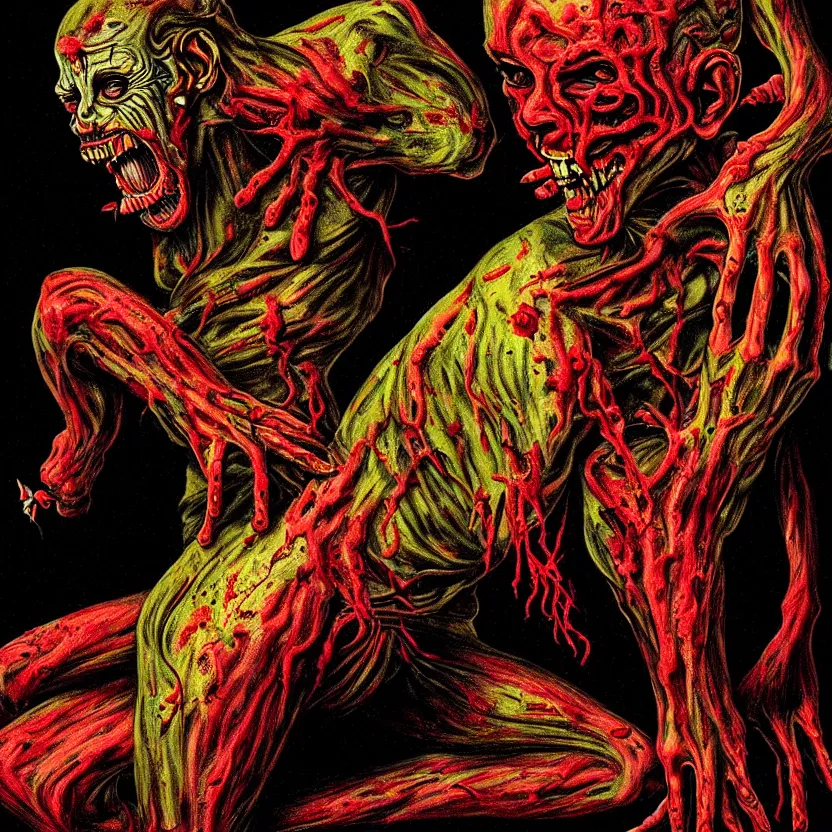 Image similar to a small very colorful flesh - eating tsikalawa, eating the leg of a terrified man, by dario argento and david cronenberg, fear, morbid, nightmare, supernatural, 8 k, digital art, highly detailed, chiaroscuro, creepy, terrifying