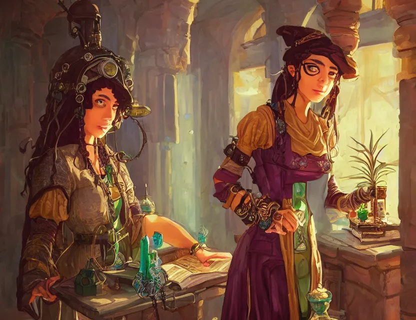 Prompt: middle eastern scifi alchemist in a well lit study with crystals and potted plants, wearing a lovely dress with steampunk details. this oil painting by the award - winning mangaka has an interesting color scheme and impeccable lighting.
