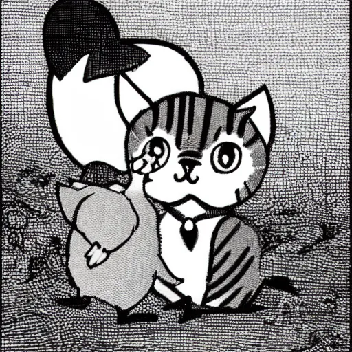Prompt: a kitten and a duck in love cartoon